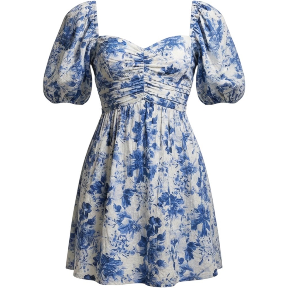 Abercrombie & Fitch Blue Floral Linen Blend Puff Sleeve Mini Dress XS Toile
